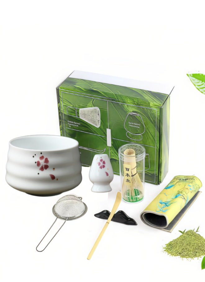 Super ZYouth 7-Piece Matcha Set, Traditional Handmade Matcha Tea Set with Ceramic Bowl, Spoon, Bamboo Matcha Whisk and Tea Whisk Stand, Tea Towel, Spoon Rack, Best Gift for Friends, Family, Home, Camping, White  - Image 1