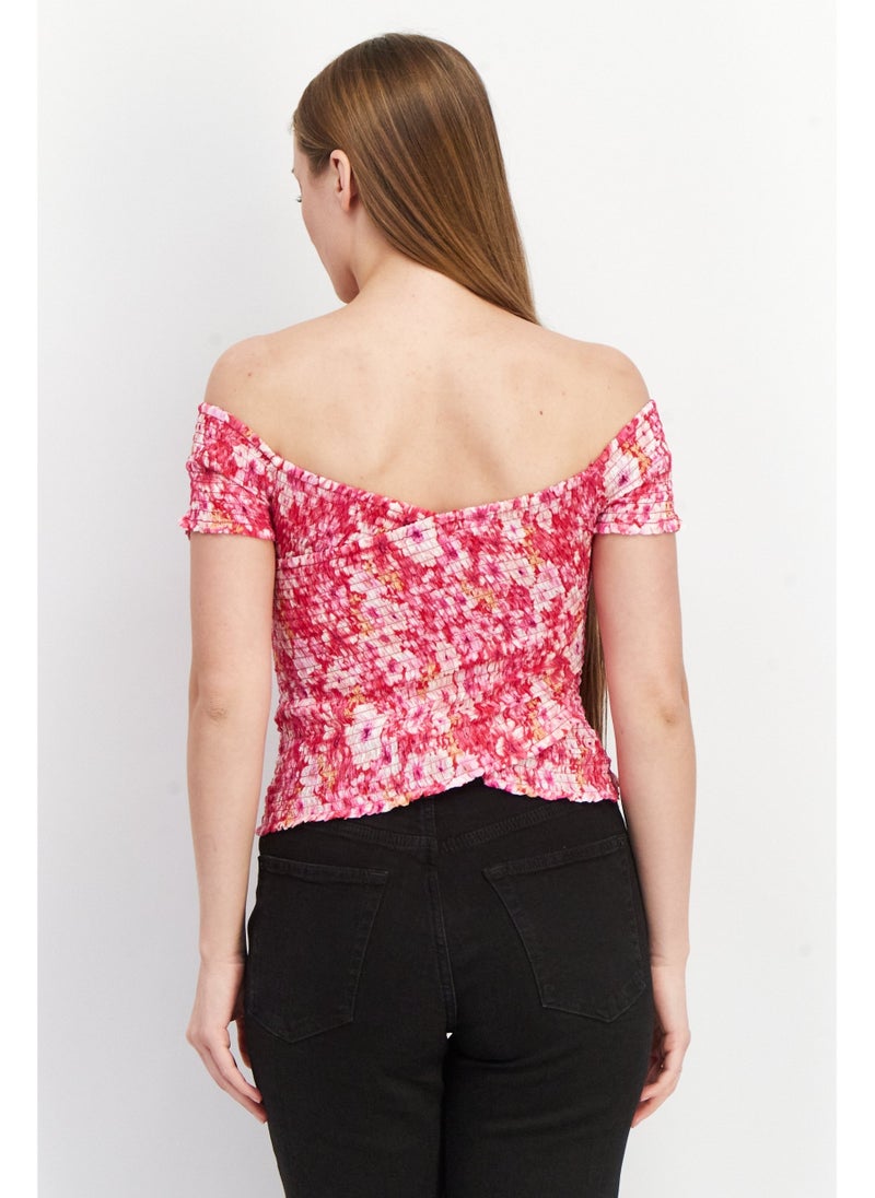 STEVE MADDEN Women Off Shoulder Cap Sleeve Tie Dye Print Blouse Top, Pink Combo - Image 5