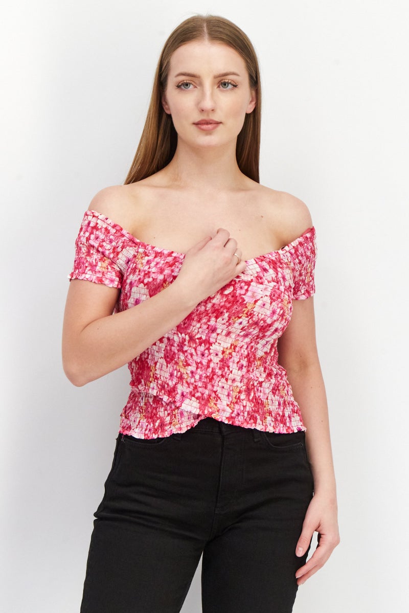 STEVE MADDEN Women Off Shoulder Cap Sleeve Tie Dye Print Blouse Top, Pink Combo - Image 1