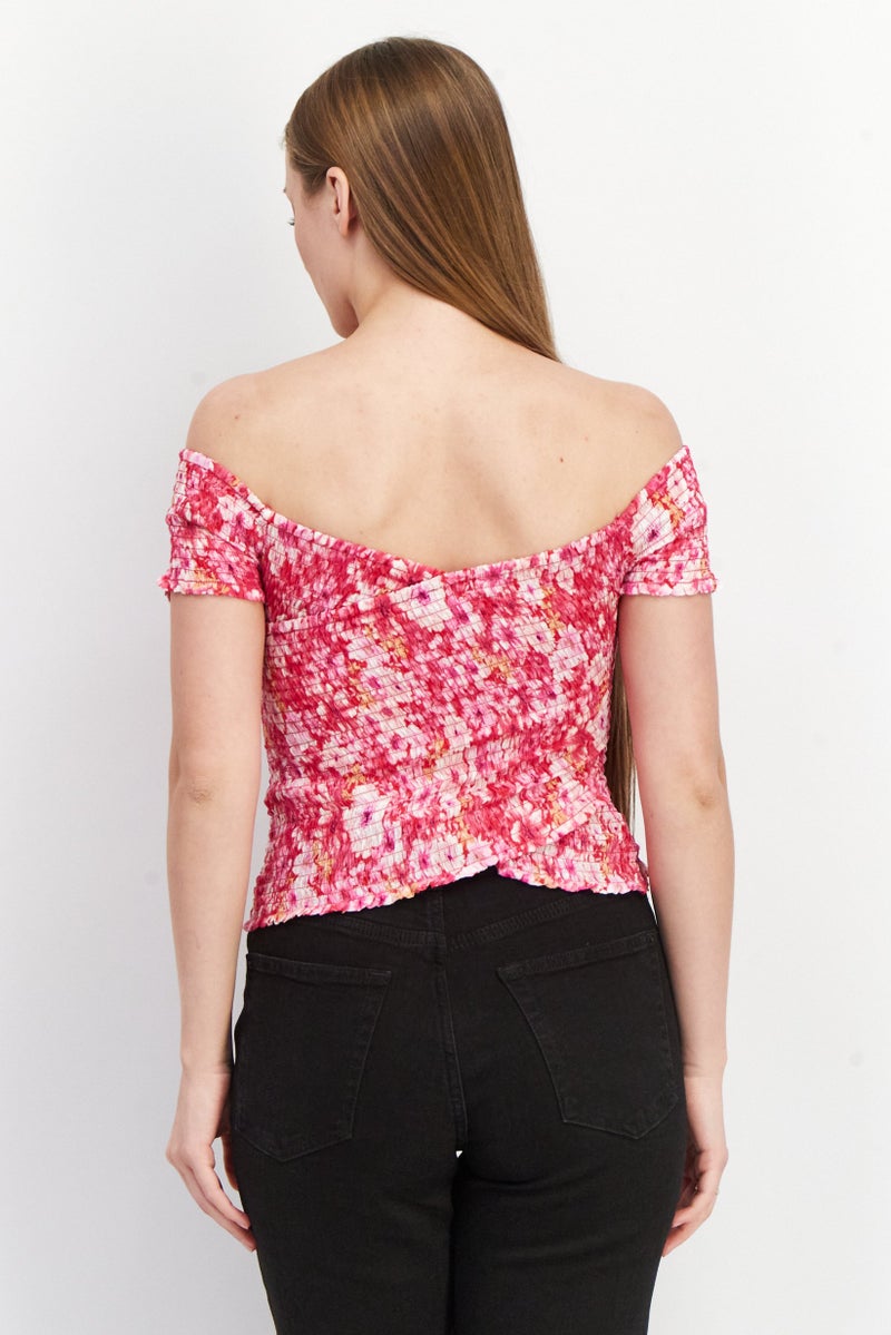 STEVE MADDEN Women Off Shoulder Cap Sleeve Tie Dye Print Blouse Top, Pink Combo - Image 3