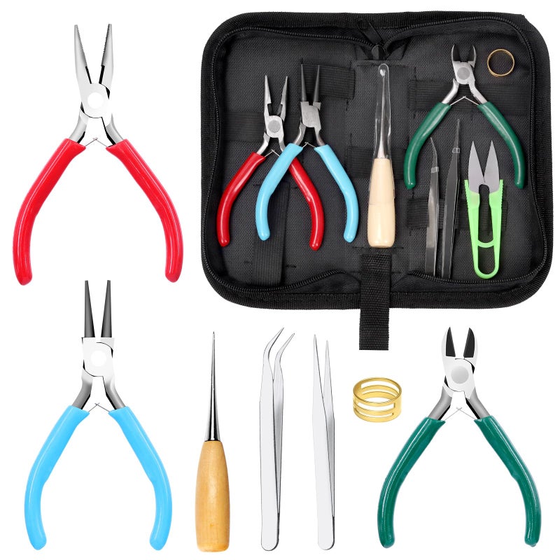 Keadic 8Pcs Jewelry Pliers Set 45 Round Nose Wire Cutting Chain Nose Pliers With Tweezers Jump Ring Opener for Jewelry Making Wire Wrapping Beading