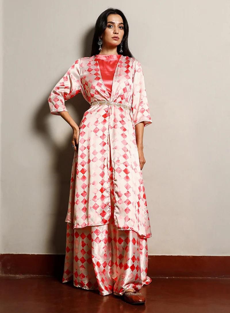 QISSA Women's Strawberry Pink Geometric Blur Co-Ord Set For Casual Wear | Mock Neck | Quarter Sleeve | 3 Piece Co-Ords Designed With Comfort Fit For Everyday Ethnic Wear