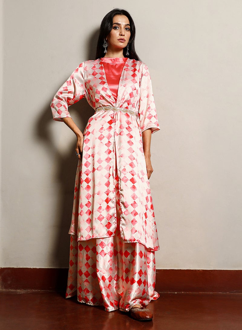 QISSA Women's Strawberry Pink Geometric Blur Co-Ord Set For Casual Wear | Mock Neck | Quarter Sleeve | 3 Piece Co-Ords Designed With Comfort Fit For Everyday Ethnic Wear - Image 2
