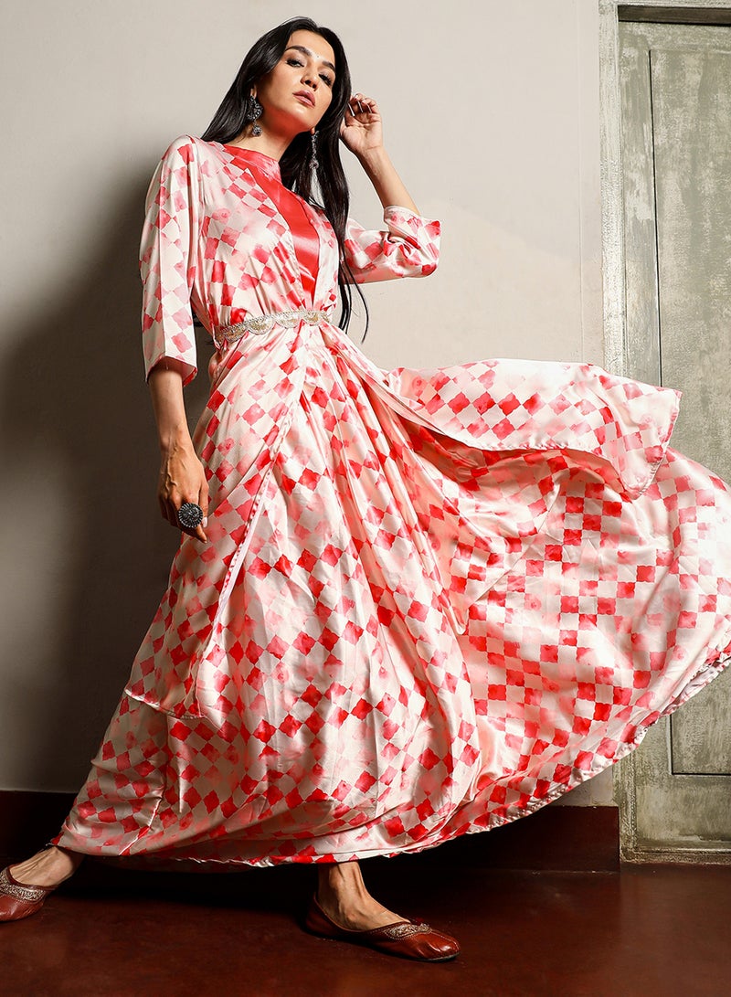 QISSA Women's Strawberry Pink Geometric Blur Co-Ord Set For Casual Wear | Mock Neck | Quarter Sleeve | 3 Piece Co-Ords Designed With Comfort Fit For Everyday Ethnic Wear - Image 3