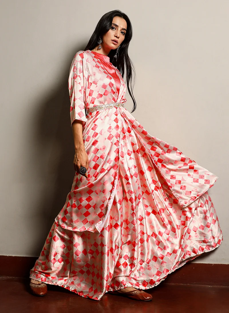 QISSA Women's Strawberry Pink Geometric Blur Co-Ord Set For Casual Wear | Mock Neck | Quarter Sleeve | 3 Piece Co-Ords Designed With Comfort Fit For Everyday Ethnic Wear