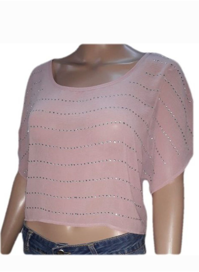 Generic Women chiffon crop top with rhinestones short sleeves blouse 