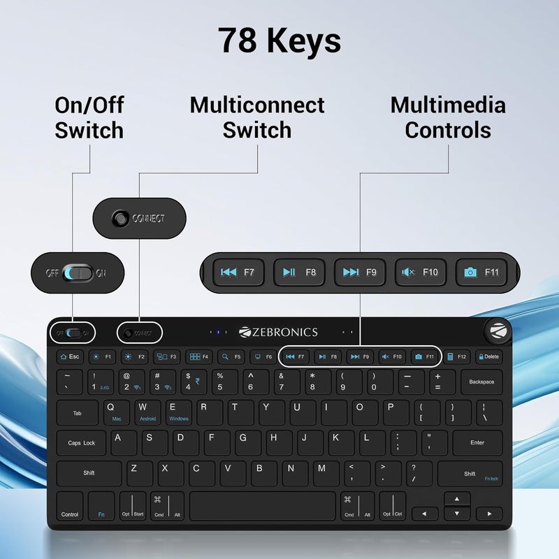 ZEBRONICS لوحة مفاتيح KEYPAD X1 اللاسلكية بلوتوث، مفاتيح مقص، 2.4GHz وبلوتوث مزدوج (ماك | أندرويد | ويندوز)، زر التحكم في الصوت/الوسائط، مفاتيح وسائط متعددة مدمجة - Image 5