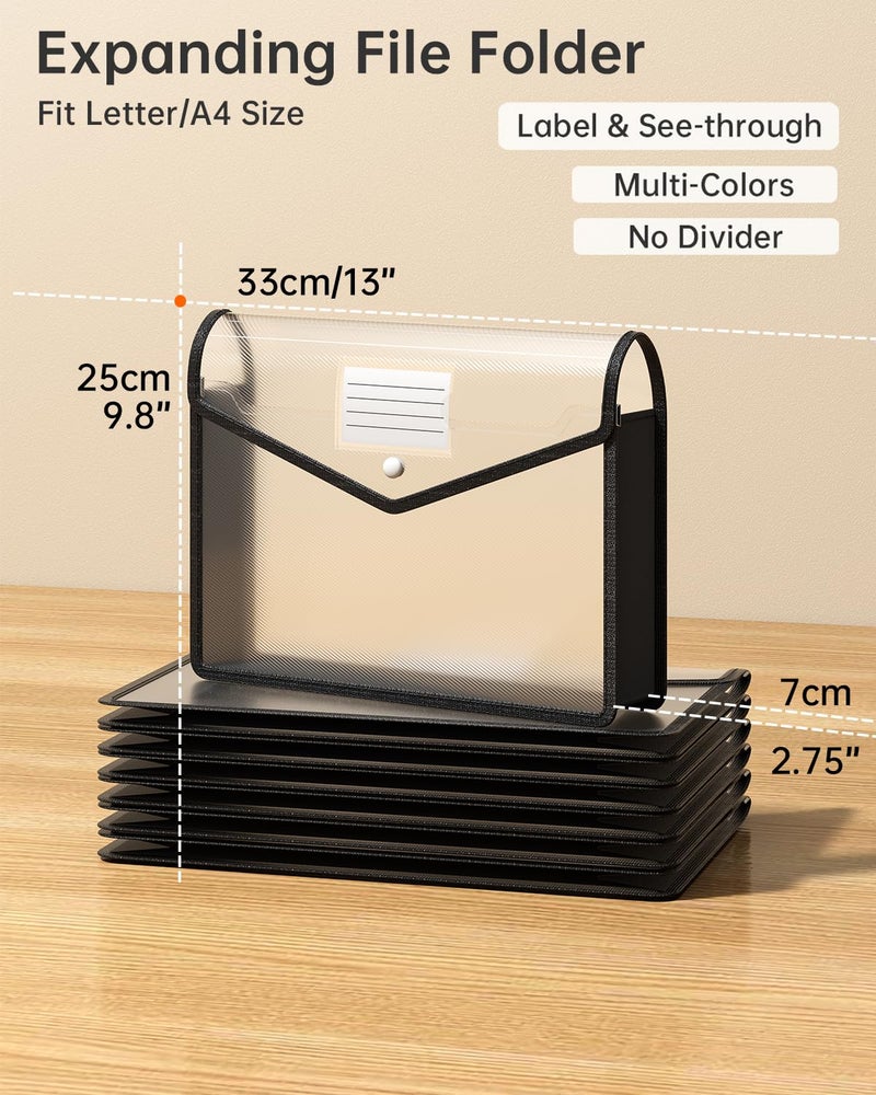 XingDuing Plastic Expanding File Folder, Transparent envelopes with Snap Closure, No Dividers, Large Capacity, Black File Folder Organizer Holder, Bills&Taxes, Letter/A4 Size for School/Office/Home-7 Pack - Image 2