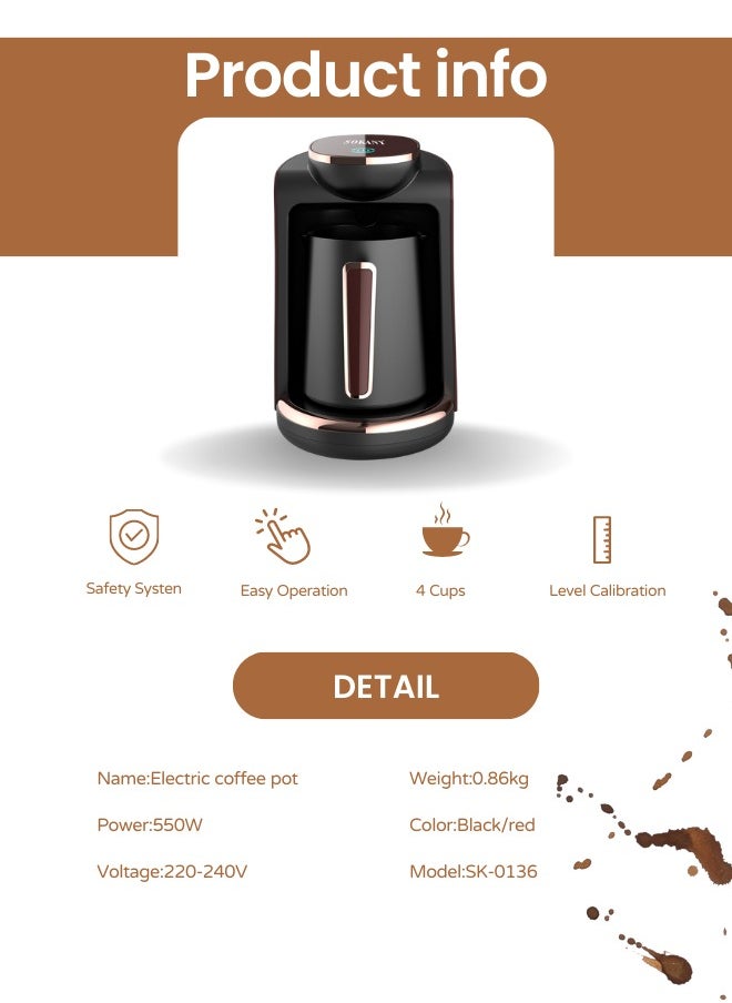 sokany Turkish Coffee Maker,4 Cups,250ml,550W Electric Coffee Pot,Coffee Making Machine  - Image 4