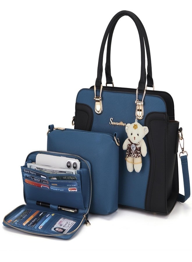 Soperwillton Purses for Women Crossbody Shoulder Handbags Top Handle Satchel Tote Bag Wallet Set 3pcs, Blackblue, Large - Image 1