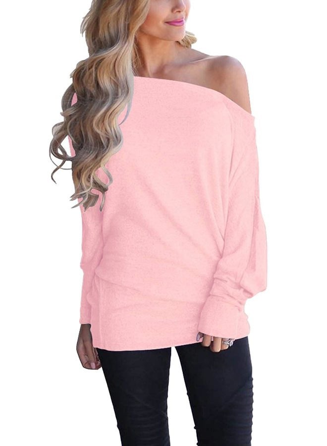 Lacozy Women's Off Shoulder Long Sleeve Oversized Pullover Sweater Knit Jumper Loose Tunic Tops, Pink, L - Image 1
