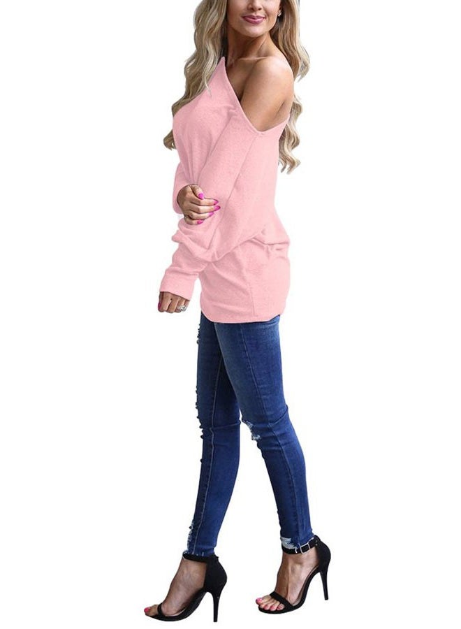 Lacozy Women's Off Shoulder Long Sleeve Oversized Pullover Sweater Knit Jumper Loose Tunic Tops, Pink, L - Image 2