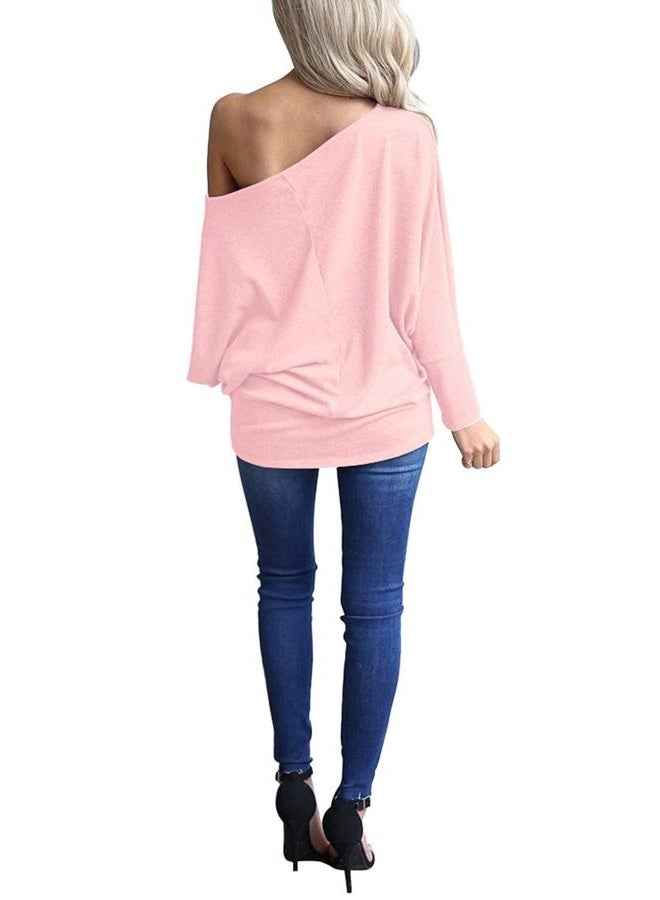 Lacozy Women's Off Shoulder Long Sleeve Oversized Pullover Sweater Knit Jumper Loose Tunic Tops, Pink, L - Image 4