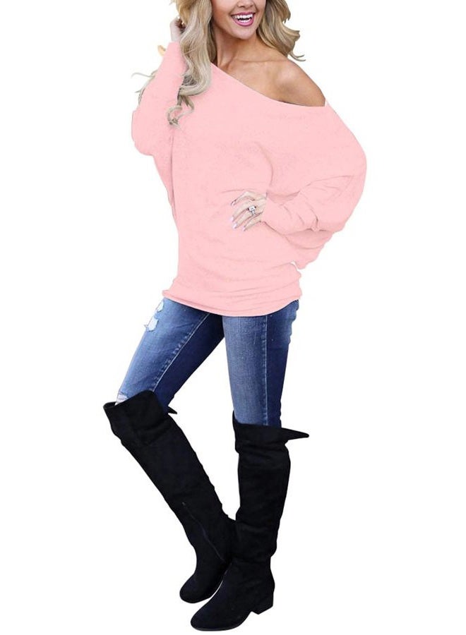 Lacozy Women's Off Shoulder Long Sleeve Oversized Pullover Sweater Knit Jumper Loose Tunic Tops, Pink, L - Image 3