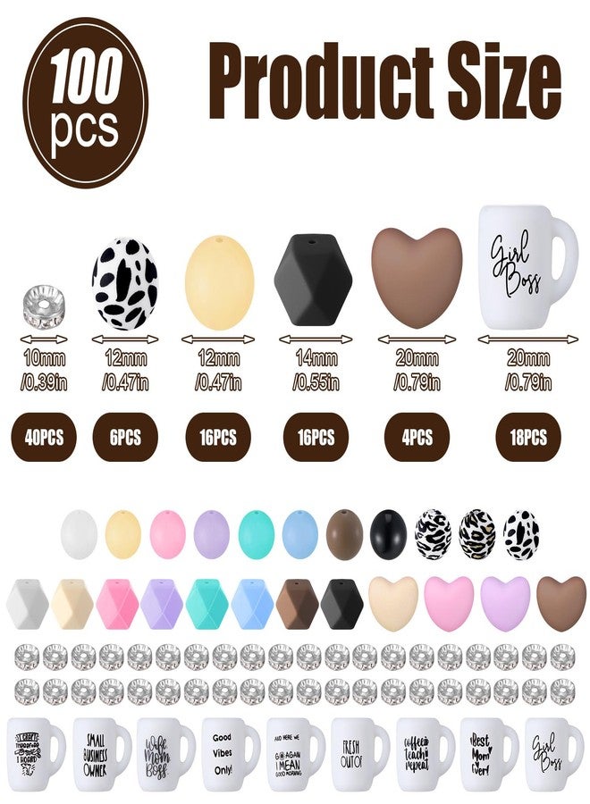 Hotop 100 Pcs Silicone Beads and Spacer Beads Set 60 Pcs Leopard Cow Print Polygonal Silicone Focal Beads Coffee Cup Mom Beads 40 Pcs Spacers for Jewelry Making DIY Necklace Bracelet Pens Craft - Image 2