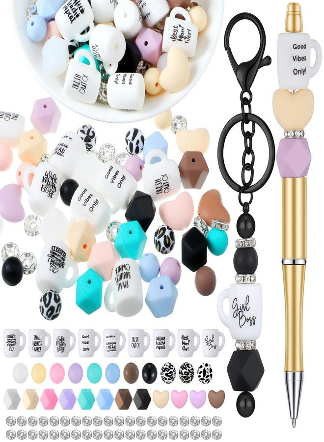 Hotop 100 Pcs Silicone Beads and Spacer Beads Set 60 Pcs Leopard Cow Print Polygonal Silicone Focal Beads Coffee Cup Mom Beads 40 Pcs Spacers for Jewelry Making DIY Necklace Bracelet Pens Craft - Image 1