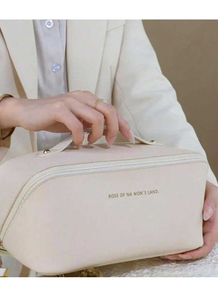 حقيبة مستحضرات تجميل للسفر متعددة الوظائف للنساء سعة كبيرة مصنوعة من الجلد الصناعى المقاوم للماء مع فاصل ومقبض أبيض - Image 1