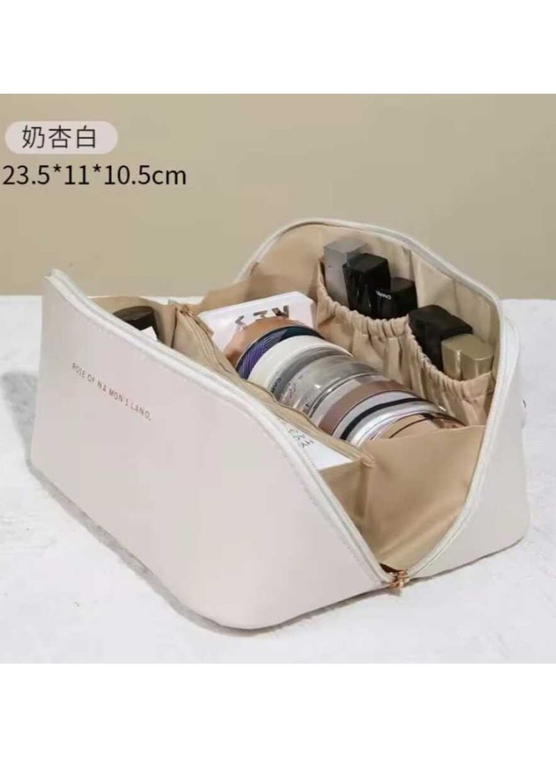 حقيبة مستحضرات تجميل للسفر متعددة الوظائف للنساء سعة كبيرة مصنوعة من الجلد الصناعى المقاوم للماء مع فاصل ومقبض أبيض - Image 3