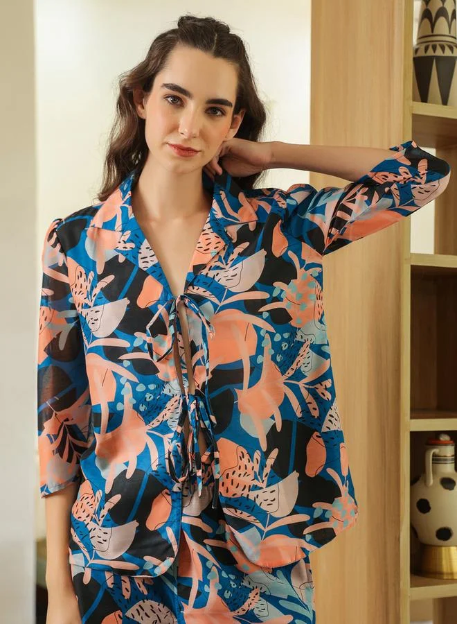 sanskrutihomes Blue Printed Tie-Front Shirt and Shorts Co-ord Set