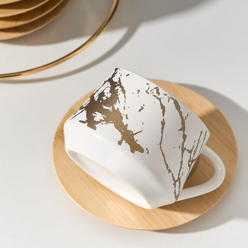 LUKA Ceramic Espresso Cups with Saucers and Metal Stand Small 4 oz Porcelain Demitasse Cups Set of 6 Cute Cappuccino Coffee Cups for Double Espresso Tea Marbling White - Image 3