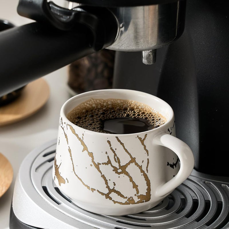 LUKA Ceramic Espresso Cups with Saucers and Metal Stand Small 4 oz Porcelain Demitasse Cups Set of 6 Cute Cappuccino Coffee Cups for Double Espresso Tea Marbling White - Image 2