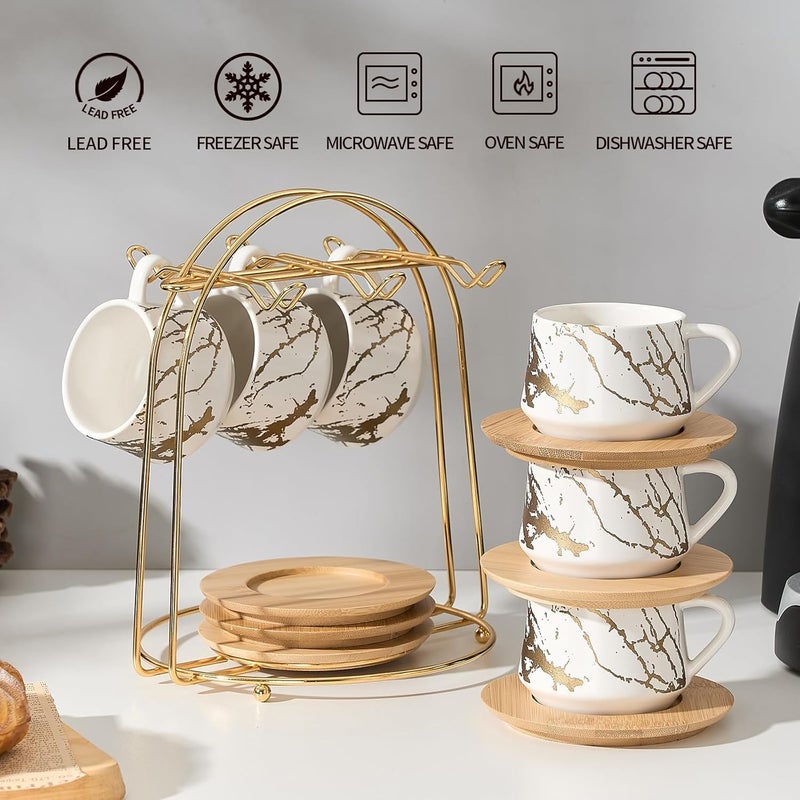 LUKA Ceramic Espresso Cups with Saucers and Metal Stand Small 4 oz Porcelain Demitasse Cups Set of 6 Cute Cappuccino Coffee Cups for Double Espresso Tea Marbling White - Image 4