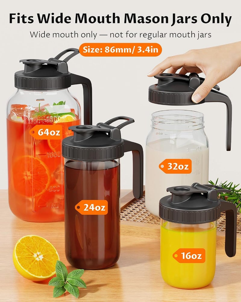 VA1KENE 2-Pack Mason Jar Pour Spout Lid, Wide Mouth Mason Jar Pitcher Flip Cap Airtight Lid with Handle, Leak Proof Seal Cover, Black - Image 2