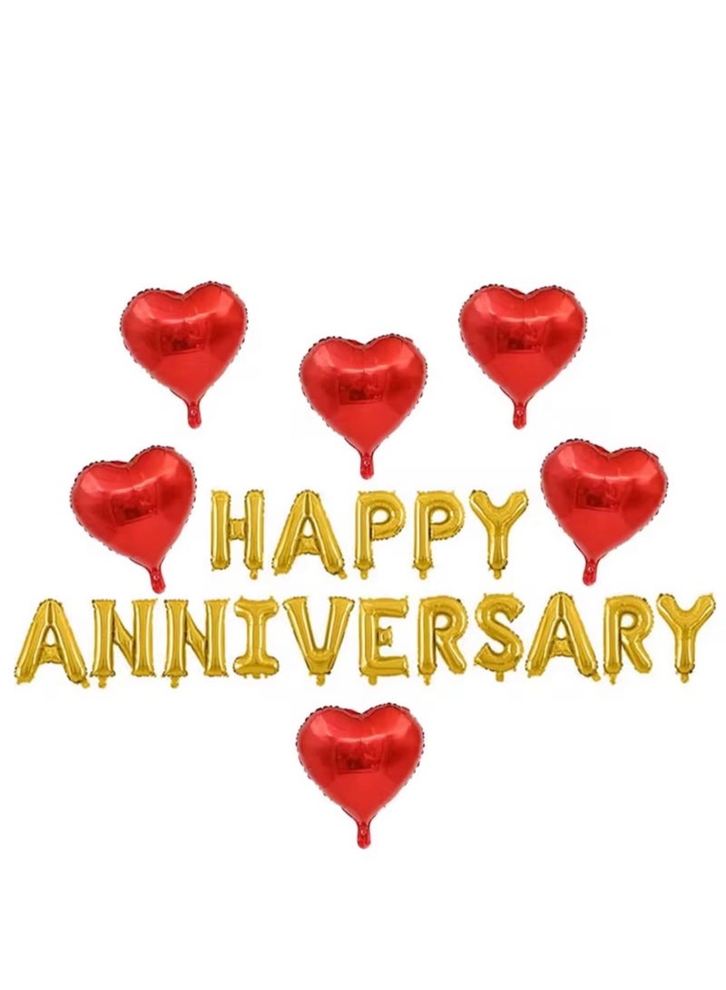 Happy Anniversary Foil Banner And 5 PCS Of Red Heart Shape Foil Balloons For Party Decoration