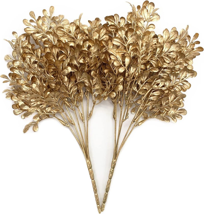 LOVENIMEN Artificial Golden Leaves Plants Decoration, Fake Foliage Bundles Plant Plastic Faux Leaf Eucalyptus Shrubs Bundle for Indoor Outdoor Home Garden Wedding Table Vase Filler DIY Decor - Gold 2 Pack - Image 1