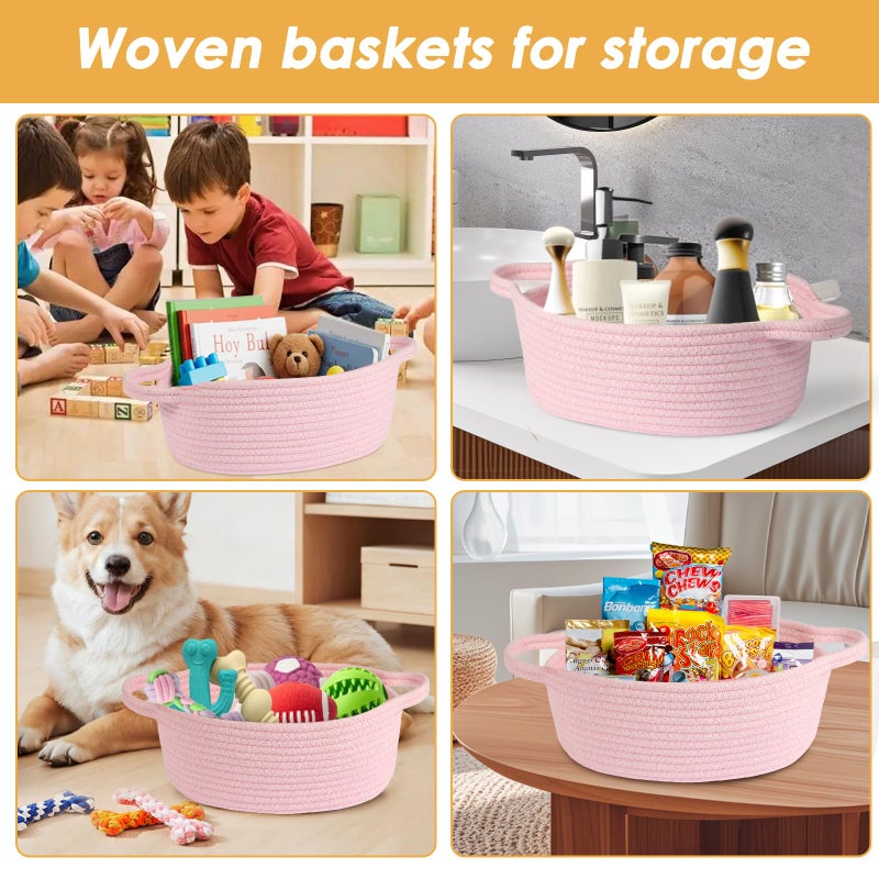 HOBASKET Small gift Basket with Bag and Ribbon Included,Cotton Rope Woven Storage Basket, Pink, Organic Cotton, 12x8x5 Inches, with Handles,Cute Baby Toy Basket - Image 3