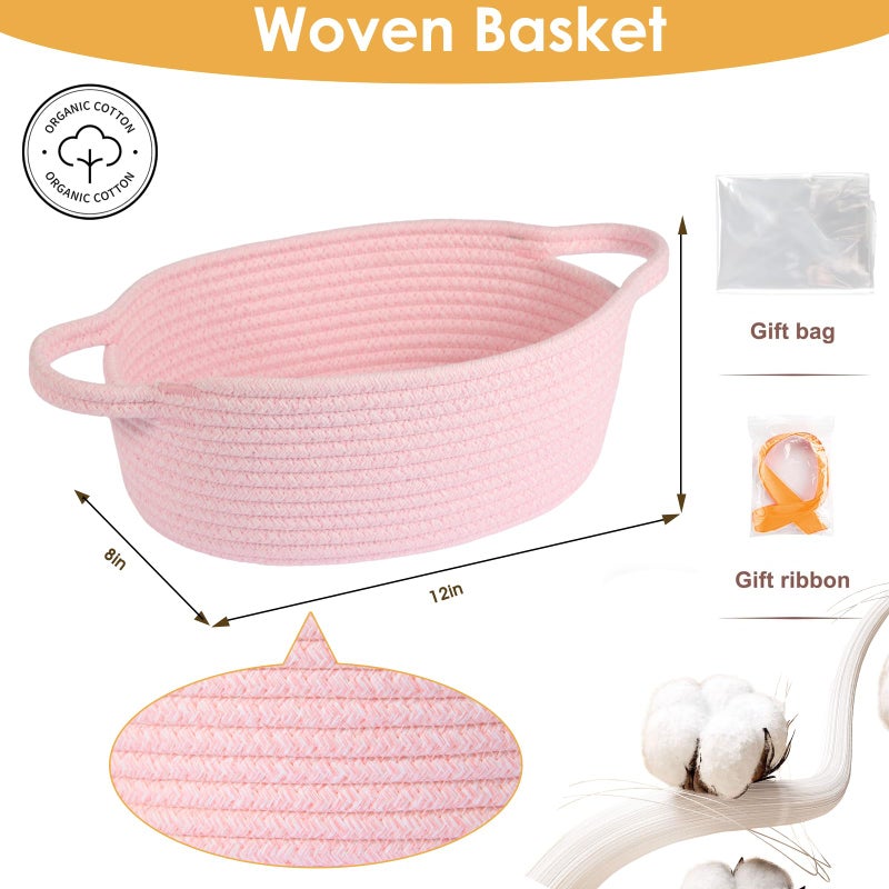 HOBASKET Small gift Basket with Bag and Ribbon Included,Cotton Rope Woven Storage Basket, Pink, Organic Cotton, 12x8x5 Inches, with Handles,Cute Baby Toy Basket - Image 2