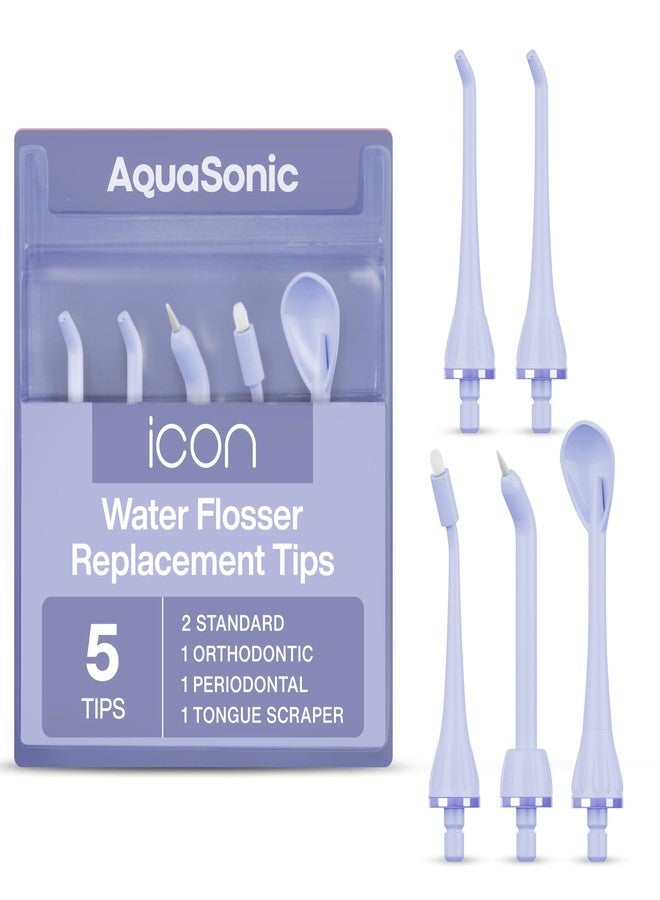AquaSonic Icon Water Flosser Replacement Tips - 5 Tips, 4 Types: Standard, Periodontal, Orthodontic & Tongue Scraper - Genuine, Authentic Parts (Lilac) - Image 1