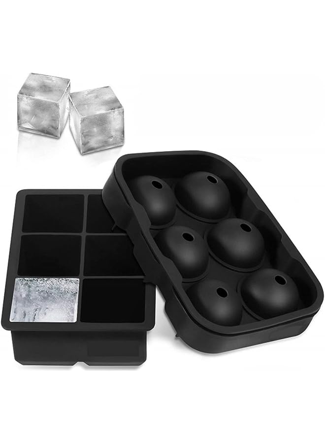 SKY-TOUCH Ice Cube Trays Silicone Set Of 2 Sphere Round Ice Ball Maker And Large Square Ice Cube Mold For Chilling Bourbon Whiskey Cocktail Beverages And More Black 6974042151232 - Image 1
