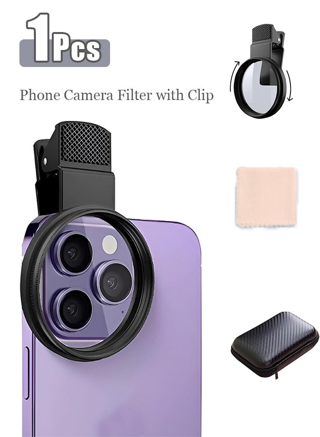 فلتر كاميرا الهاتف مع مشبك، عدسة مستقطبة رفيعة للغاية ومتعددة الطبقات Filtro Polarizador para Celular، لهواتف iPhone والهواتف الذكية Android (52 مم، أسود) - Image 1