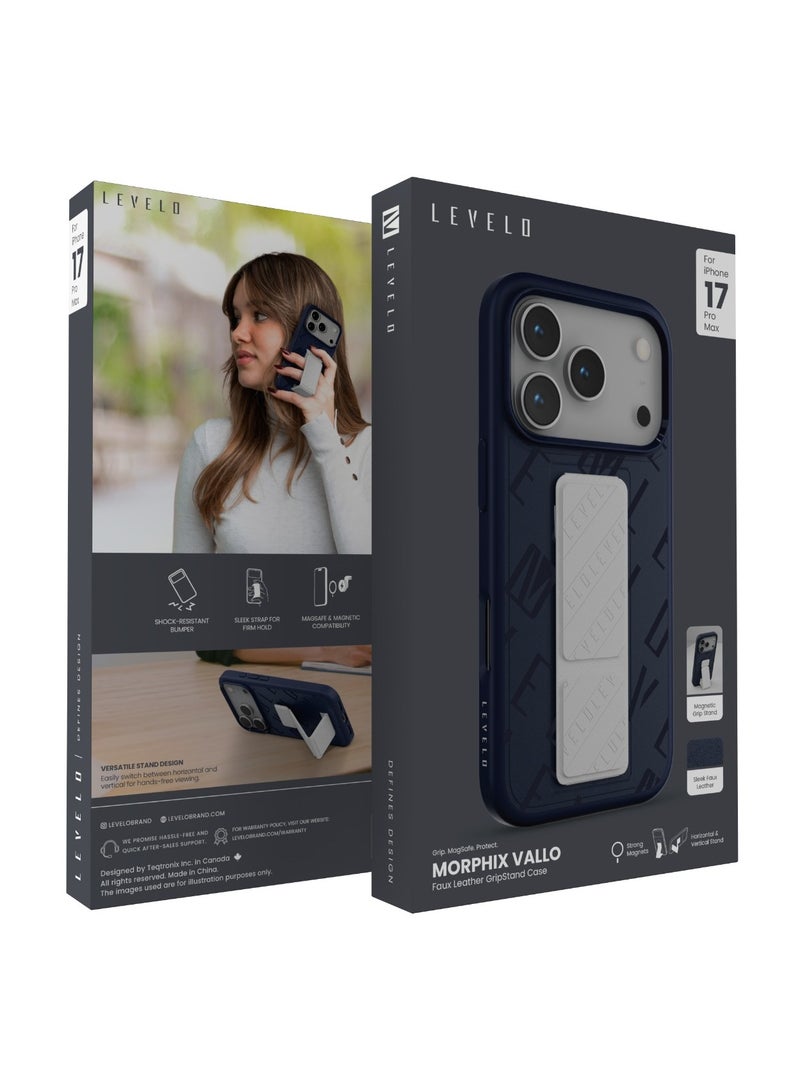 ليفيلو جراب ماج سيف لهاتف آيفون 17 برو ماكس من مورفيكس مصنوع من جلد البولي يوريثان مع حزام أنيق لتثبيت متين / حامل مغناطيسي / مصد مقاوم للصدمات / غطاء خلفي أنيق من الجلد الصناعي - كوبالت ستورم - Image 3