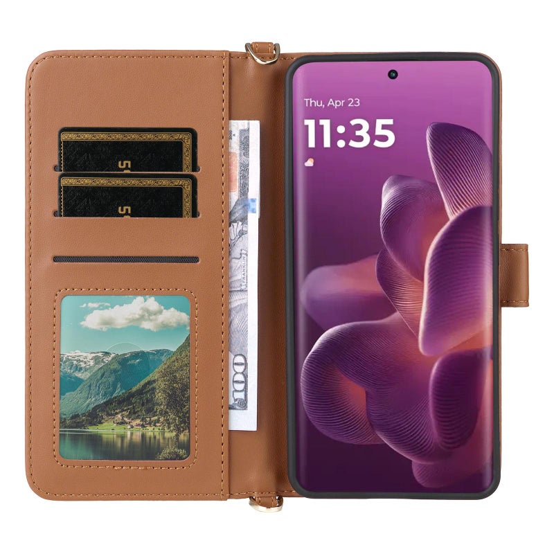 HuHa Case Cover For Motorola Edge 60 Pro / 60s Pro 5G Multifunctional 6-Card Slots Leather Phone Case with Wrist Strap(Brown) - Image 4