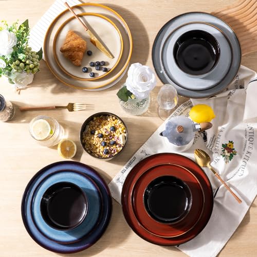 LeRatio Ceramic Dinnerware Sets for 6,Porcelain Plates and Bowls Sets,Handmade Reactive Glaze Dishes Set,Chip Resistant and Scratch Resistant | Oven&Dishwasher & Microwave Safe)-Colorflu(18PCS) - Image 4