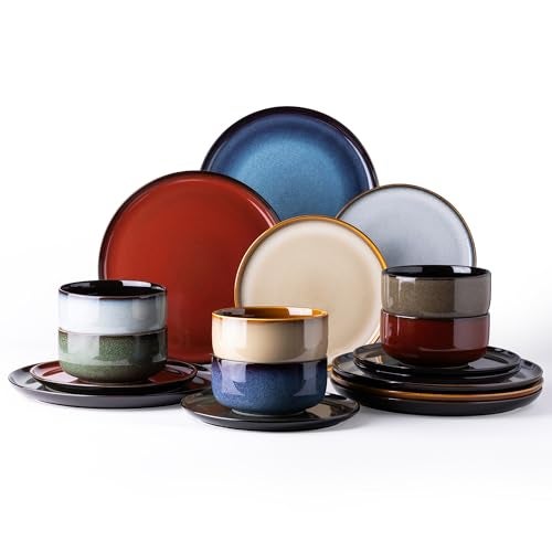 LeRatio Ceramic Dinnerware Sets for 6,Porcelain Plates and Bowls Sets,Handmade Reactive Glaze Dishes Set,Chip Resistant and Scratch Resistant | Oven&Dishwasher & Microwave Safe)-Colorflu(18PCS) - Image 1