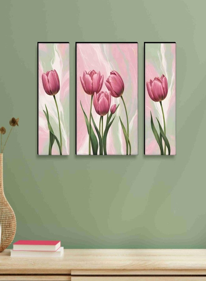 SAF Pink Tulip Flower Wall Painting Set of 3 | MDF Board Panel Artwork for Living Room, Bedroom & Office Décor | Pastel Pink Floral Design (20 Inch x 12 Inch) JM-36059 - Image 1
