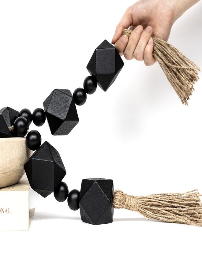 RUIRUICO Extra Large Wood Bead Garland with 2" Diameter Geometric Wooden Beads, Wooden Beads Garland with Tassels, Decorative Beads for Farmhouse Decor (Black, 44 Inches) - Image 1