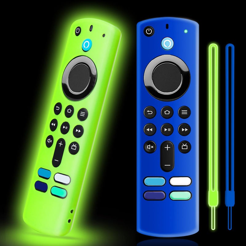 SOTATOO 2 Pack Silicone Remote Cover Case, Anti Slip Silicone Protective Case Glow in The Dark with Color Lanyard(Glow Green & Dark Blue) - Image 1