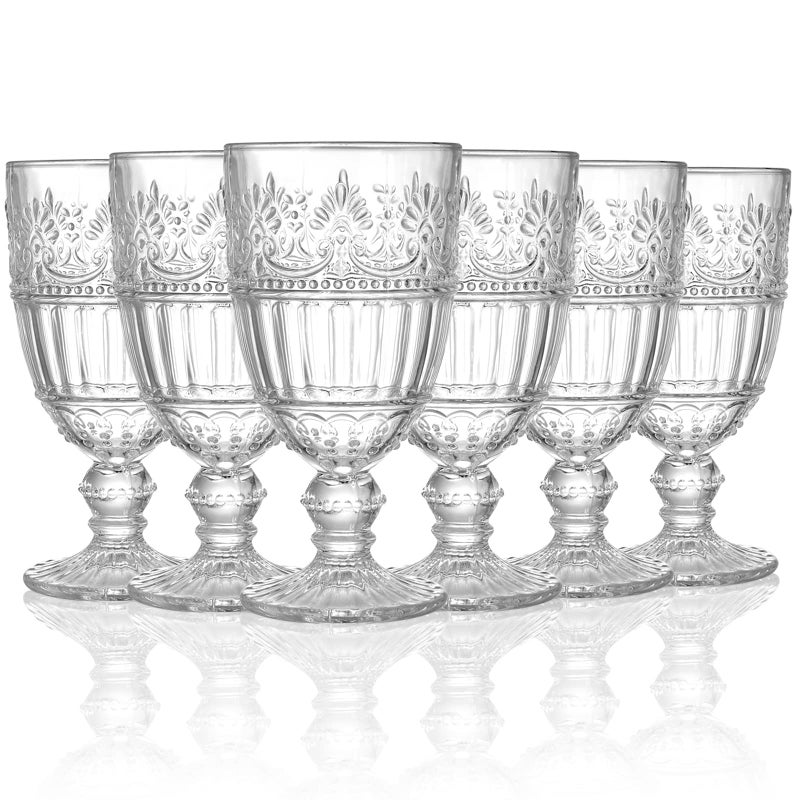 AVLA 6 Pack Glass Goblet 12 OZ Vintage Wine Glassware Romantic Wedding Glass Set Drinking Stemware Beverage Cups for Party Bar Champagne Juice Beer Cocktail Embossed Design