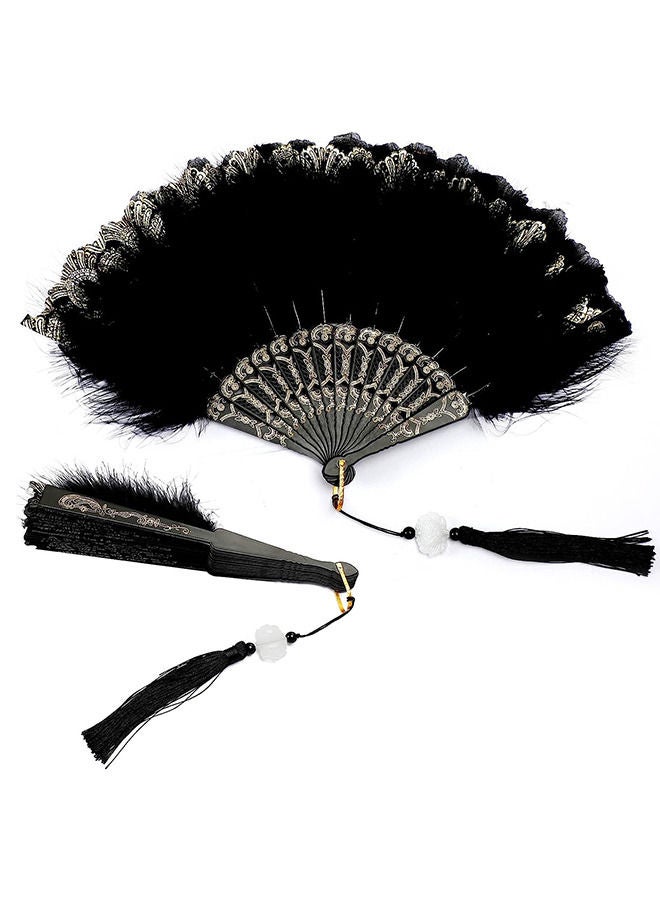 مروحة اليد ريشة ، مروحة ريشة سوداء قابلة للطي محمولة لزينة الرقص الزفاف للحفلات - Image 1