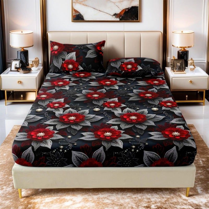 3pcs 2D Pattern Black Gray Drip Red Peony Vintage Light Luxury Bedding Set 1 Fitted Sheet 2 Pillowcases Double Full King Queen Size Soft Skin Friendly 24H No Shifting Easy Care Snug Fit Simple To Use For Master Bedroom Guest - Image 2