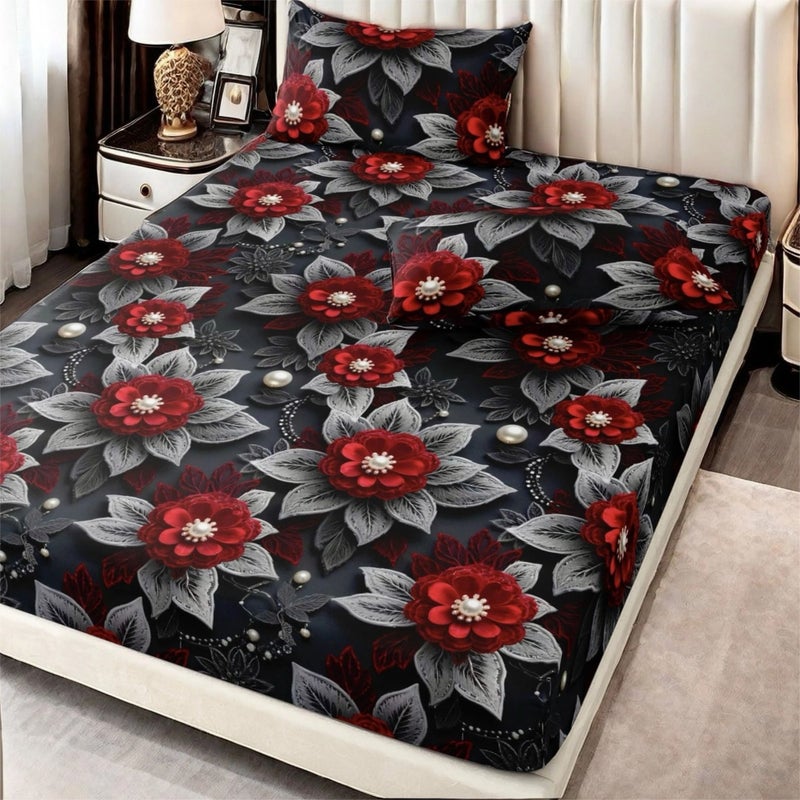3pcs 2D Pattern Black Gray Drip Red Peony Vintage Light Luxury Bedding Set 1 Fitted Sheet 2 Pillowcases Double Full King Queen Size Soft Skin Friendly 24H No Shifting Easy Care Snug Fit Simple To Use For Master Bedroom Guest - Image 4