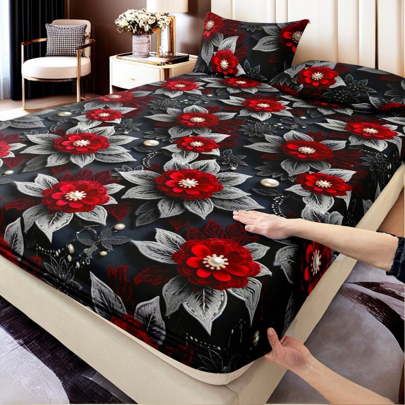 3pcs 2D Pattern Black Gray Drip Red Peony Vintage Light Luxury Bedding Set 1 Fitted Sheet 2 Pillowcases Double Full King Queen Size Soft Skin Friendly 24H No Shifting Easy Care Snug Fit Simple To Use For Master Bedroom Guest - Image 1