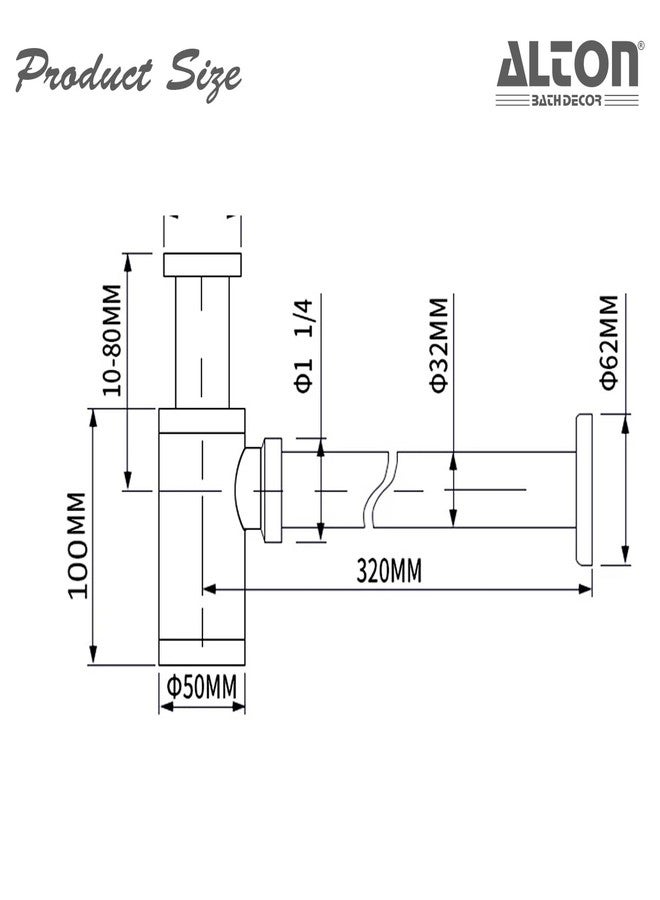 ALTON ALD130, Brass Bottle Trap With 300mm Pipe| For Wash Basin (Black) - Image 2