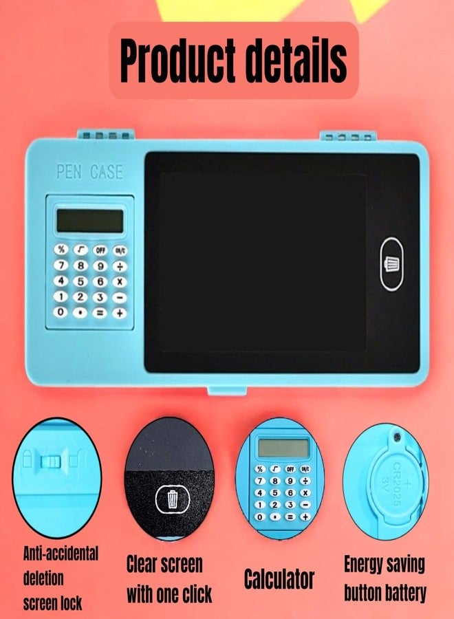 AMANVANI 2 in 1 LCD Screen Pencil Box with Calculator (1 Pcs) Drawing Board Case with Erase Button & Writing Pen, Birthday Party Return Gift, Magic Storage for Stationery, Pencil Box for Kids (Blue) - Image 2