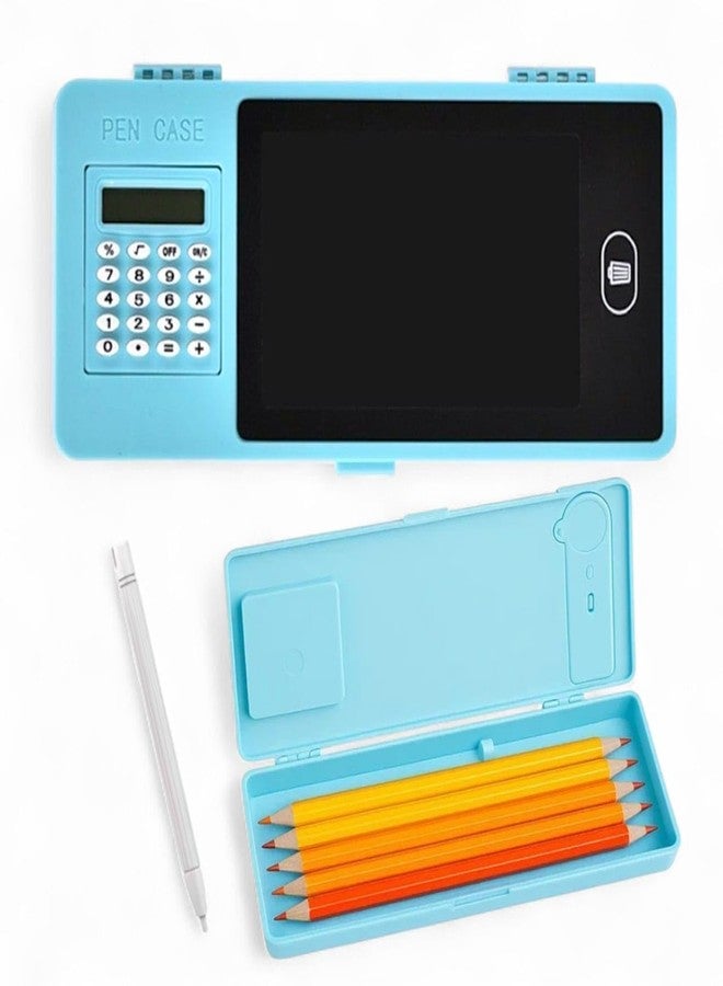 AMANVANI 2 in 1 LCD Screen Pencil Box with Calculator (1 Pcs) Drawing Board Case with Erase Button & Writing Pen, Birthday Party Return Gift, Magic Storage for Stationery, Pencil Box for Kids (Blue) - Image 1