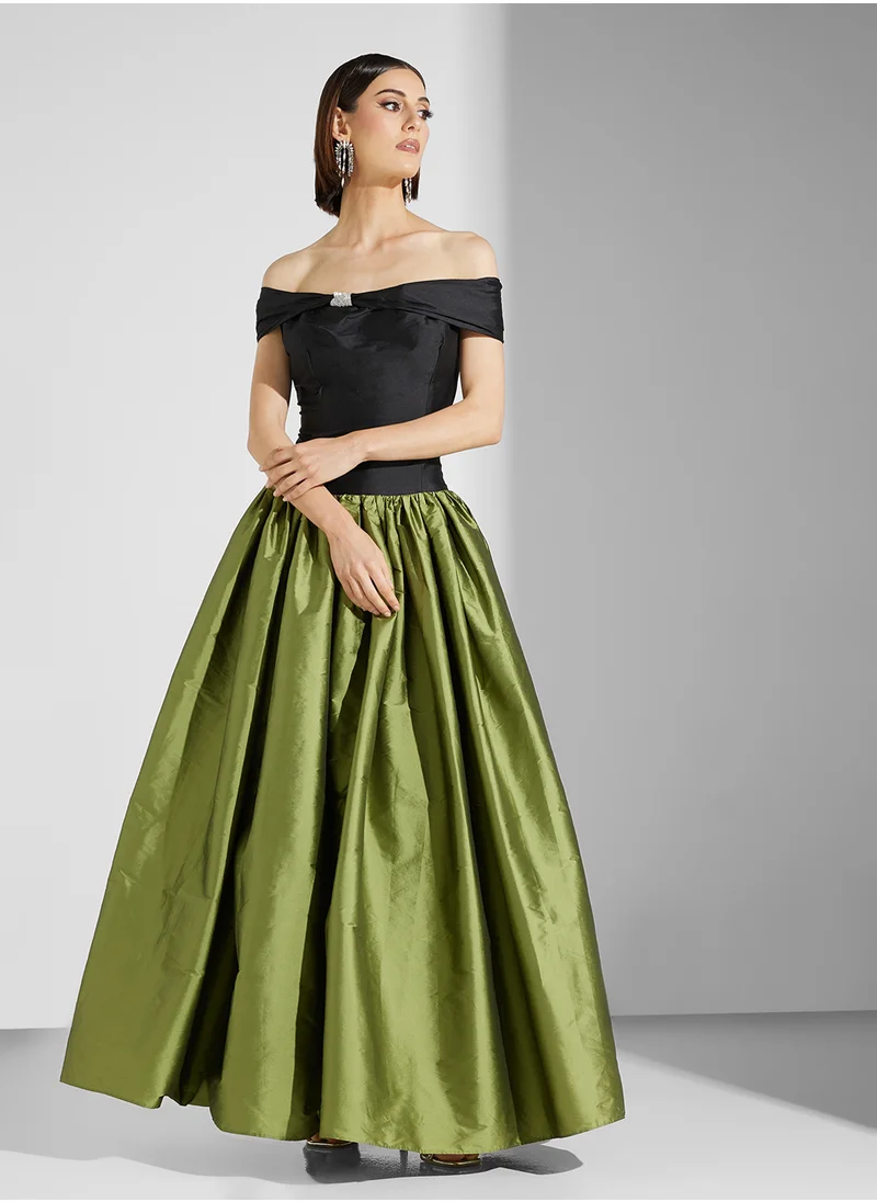 Namshi x Two Toned Off Shoulder Dress With Embellished Knot